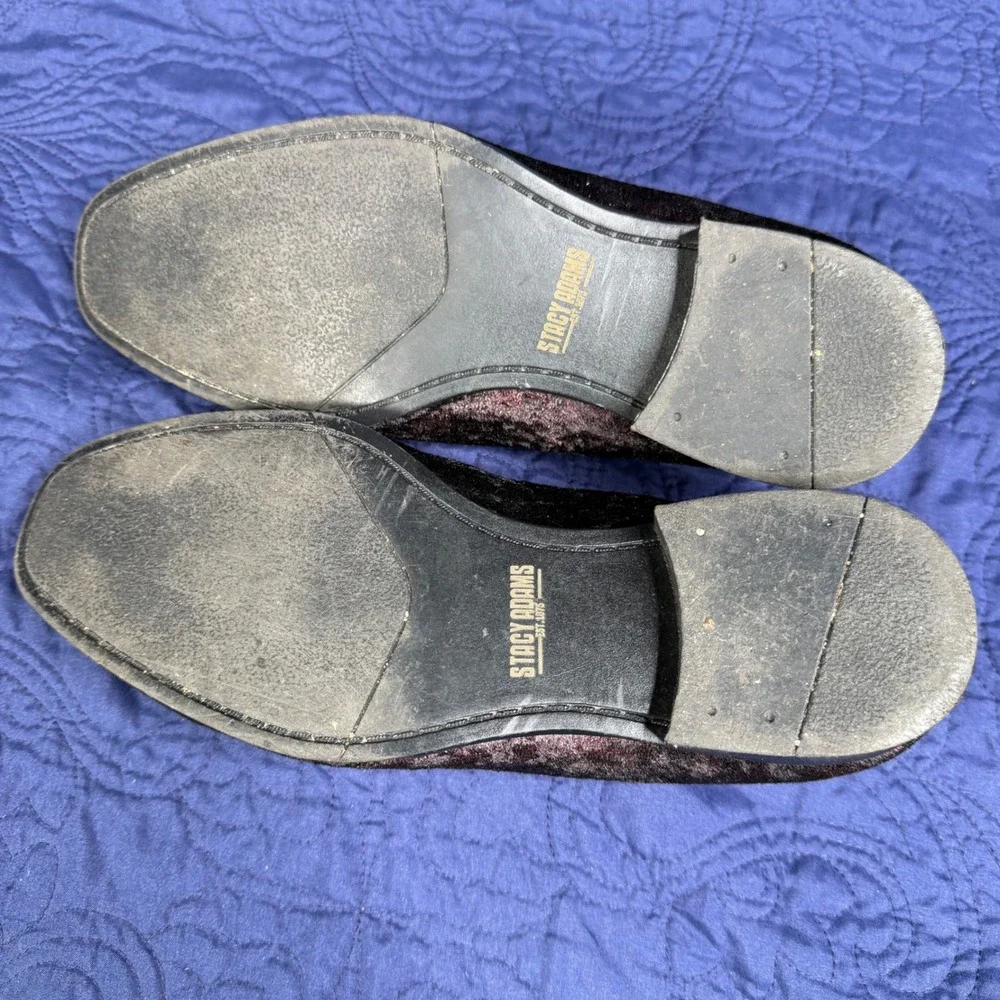 Stacy‎ Adams Mens Crushed Velvet Loafers Black Burgundy Slip On Size 9.5M NICE